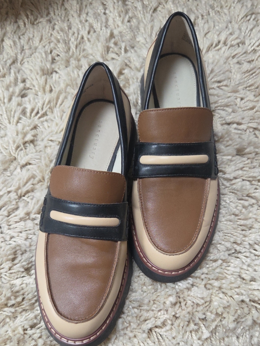 Sanctuary Womens Brown, Cream & Black Leather Penny Loafers